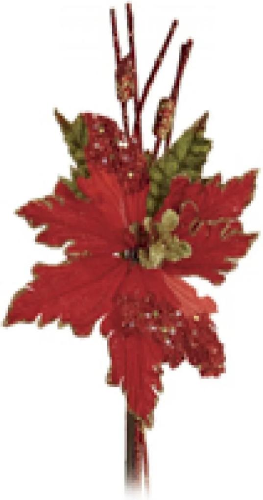 Flor Natalina Artificial Vermelha De Glitter Cabo Médio 40Cm