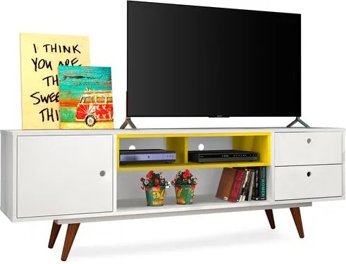 Rack para TVs de até 47", Branco com Amarelo, Vintage 80 II