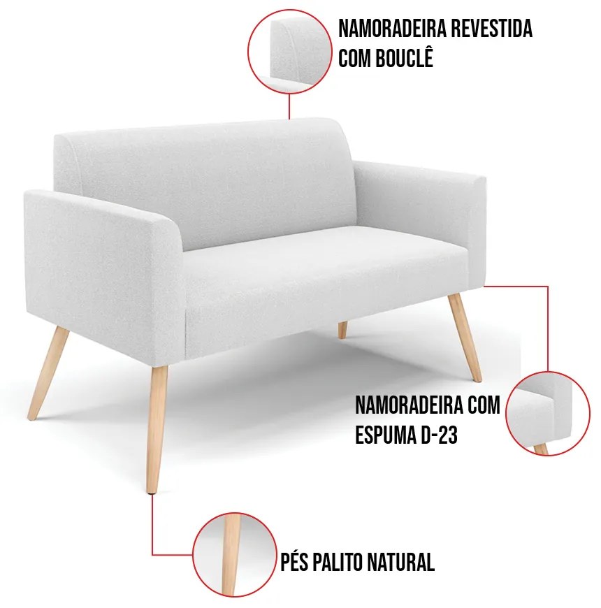 Namoradeira e 2 Poltronas Pé Palito Natural Marisa Bouclê Off White D03 - D'Rossi