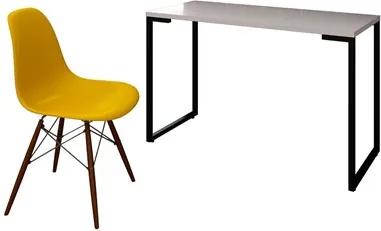 Mesa Escrivaninha Fit 120cm Branco e Cadeira Charles Amarela - Mpozenato
