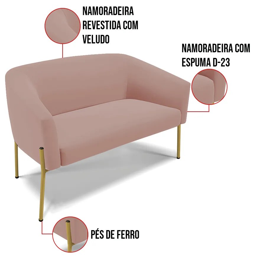 Sofá 2 Lugares Namoradeira Pé de Ferro Dourado Stella Veludo D03 - D'Rossi - Rose