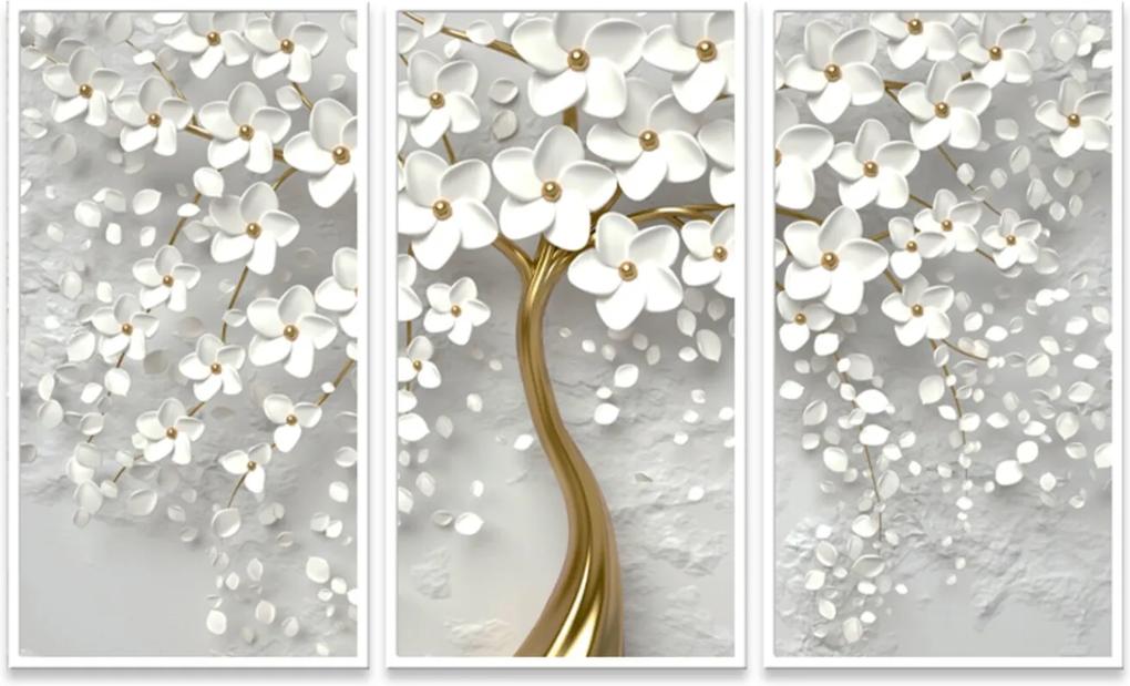 Quadro 65x105cm Flores Cerejeiras Brancas Moldura Sem Vidro 3D