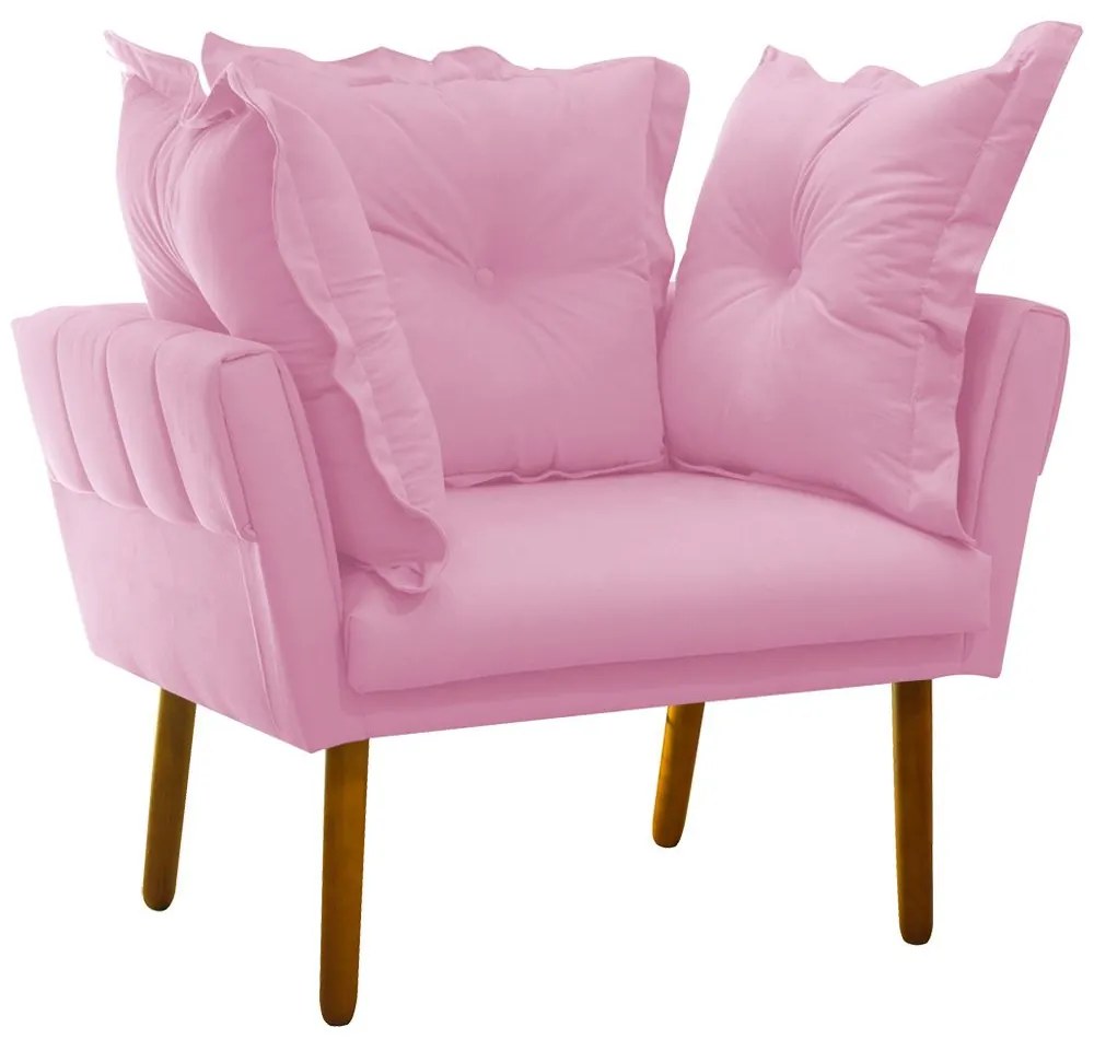 Poltrona Decorativa Londres Suede Rosa Bebê Pés Palito Castanho - D'Rossi