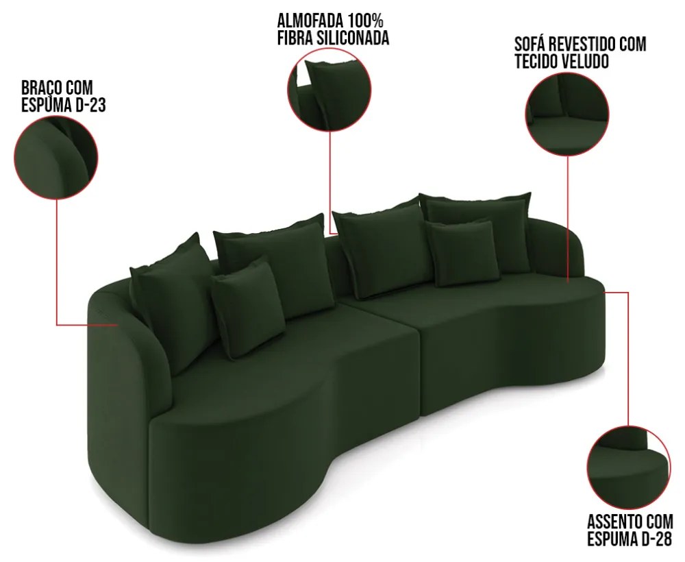 Sofá 4 Lugares Orgânico Living 250cm Mersa Veludo K01 - D'Rossi - Verde