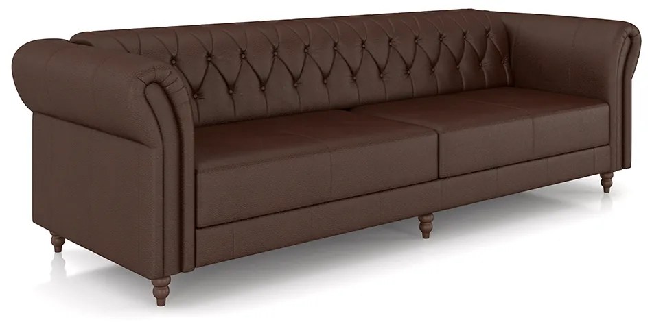 Sofá Living Sala de Estar Stanford Chesterfield 3 Lugares 260cm Pés de Madeira Couro Marrom Brilho G58 - Gran Belo