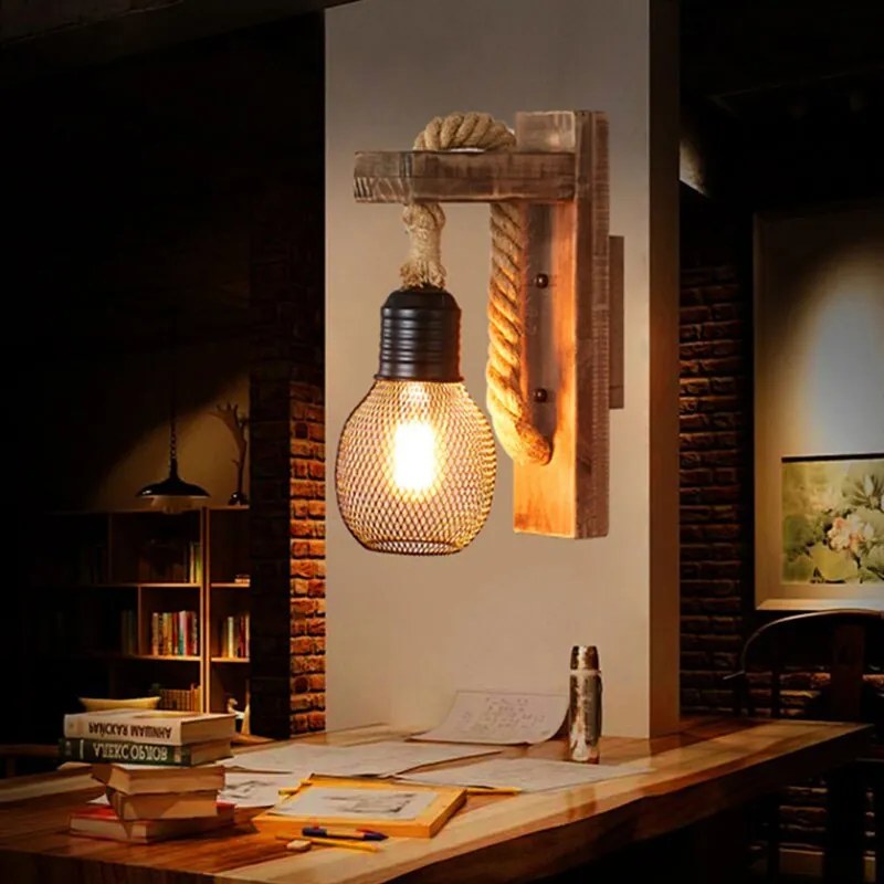 Arandela Luminária Loft americano industrial retro lâmpada de parede e27 madeira led corredor varanda luz parede para barra sala estar gaiola ferro pendurar arandela - A