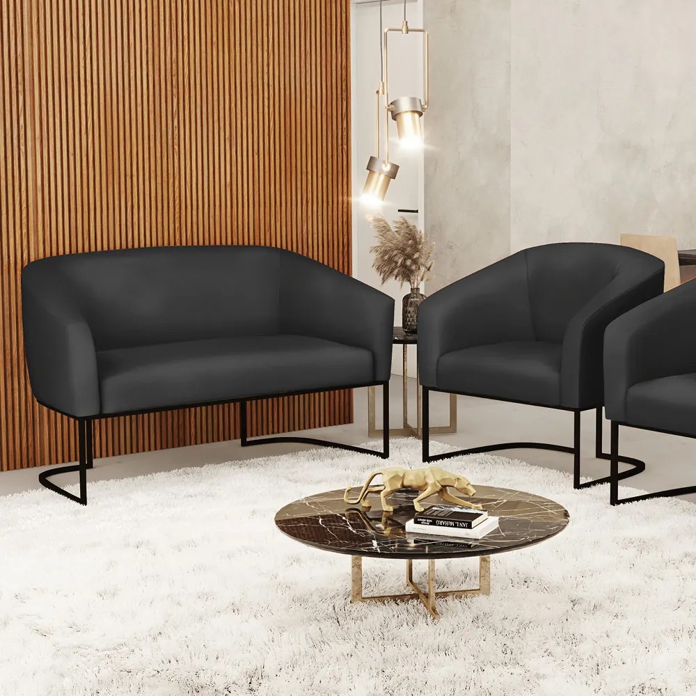 Sofá Namoradeira e Poltrona Base Industrial Preto Stella Sintético Preto D03 - D'Rossi