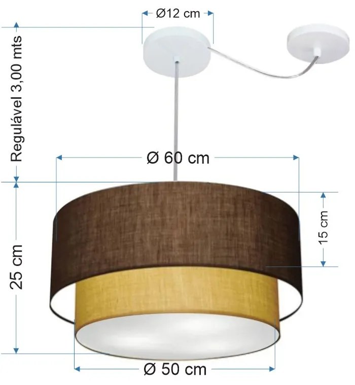 Lustre Pendente Duplo Cilíndrico Com Desvio de Centro Vivare Md-4368 Cúpula em Tecido 60x50cm - Bivolt