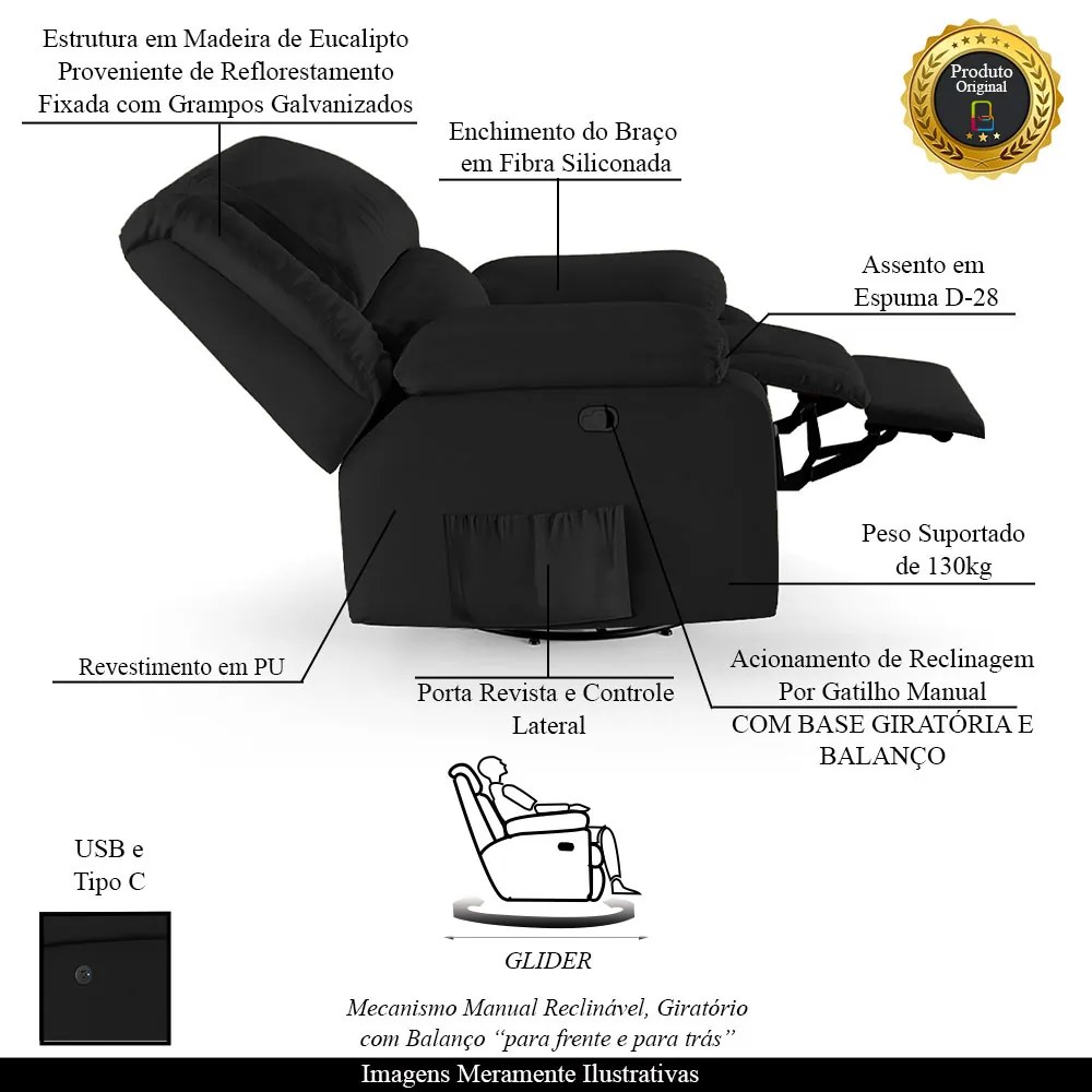 Poltrona do Papai Reclinável Melim Glider Giratória USB PU Preto F FH1 - D'Rossi