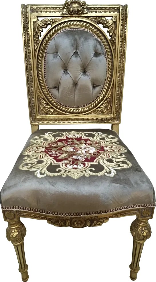 Cadeira Clássica Folhada a Ouro Encosto Capitonê Cinza Versailles