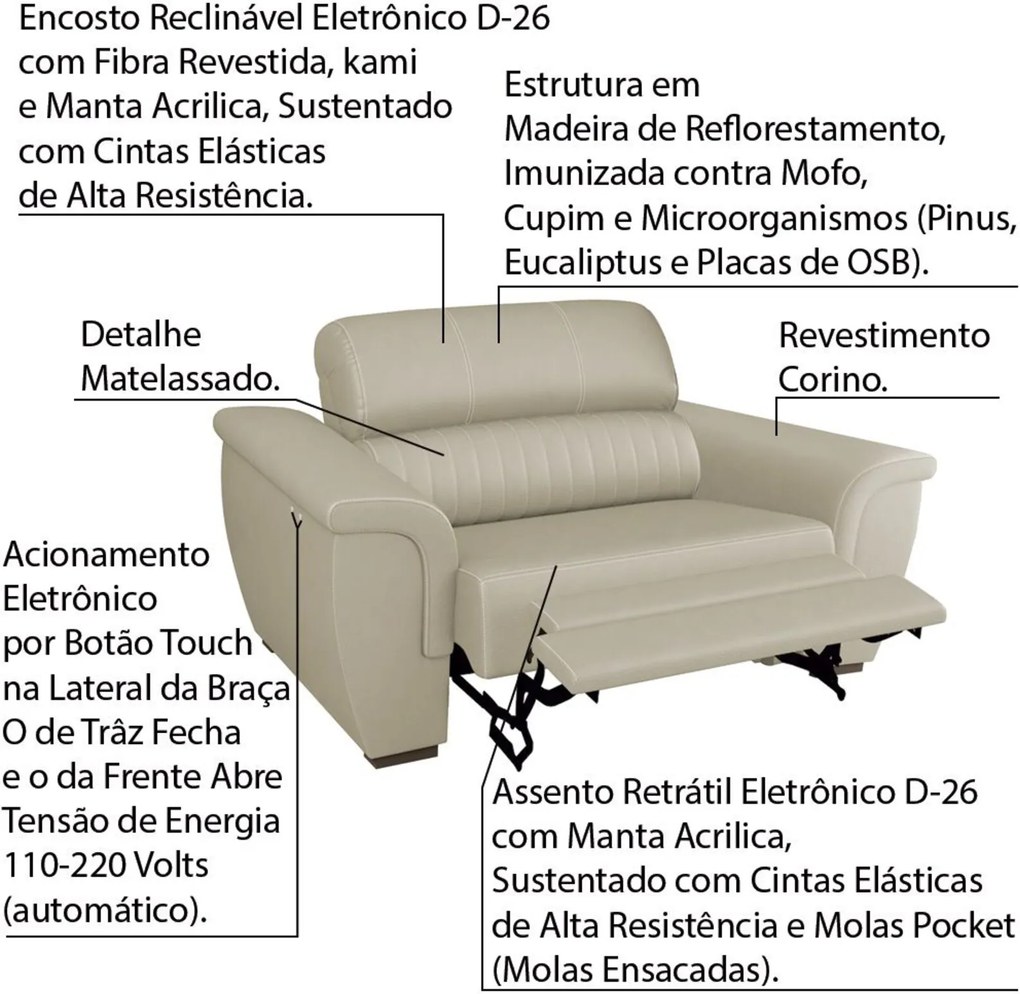 Poltrona Reclinável Eletrônico 140cm Sala de Estar Íris Couro (PU) Bege - Gran Belo