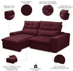 Sofá Retrátil Reclinável 3 Lugares 210cm Damy F05 Veludo Bordô - Mpoze
