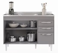 Balcão Gabinete com Pia Inox 120cm 3 Portas 2 Gavetas Suécia Cinza - L