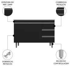 Balcão de Cozinha Com Pia Inox 100cm 3 Gavetas Andréia Preto - AJL Móv