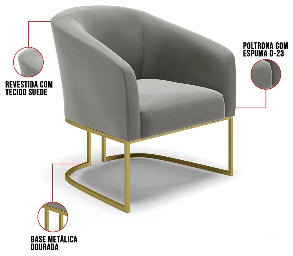 Cadeira Sala de Jantar Base Industrial Dourado Stella Suede D03 - D'Rossi - Grafite