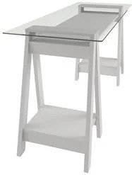 Mesa Escrivaninha 150cm Pés Cavalete Tampo de Vidro Cris A06 Branco -