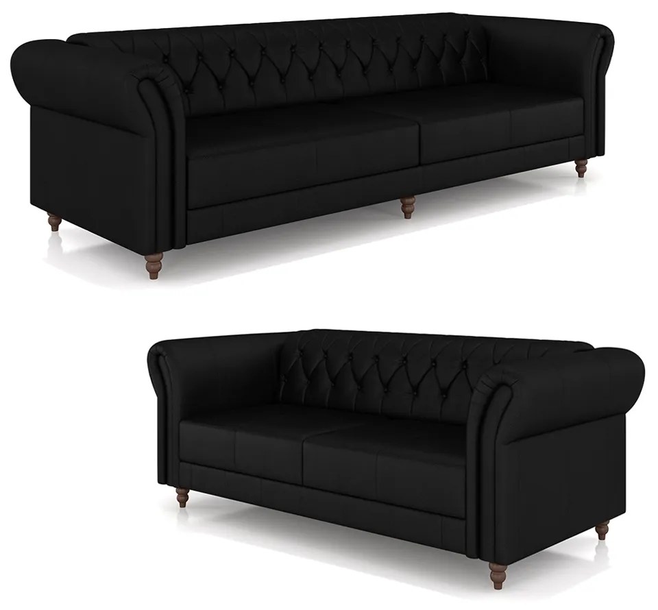 Conjunto de Sofá Sala de Estar Stanford Chesterfield 2 e 3 Lugares 200cm/240cm Pés Madeira Couro Preto Brilho G58 - Gran Belo