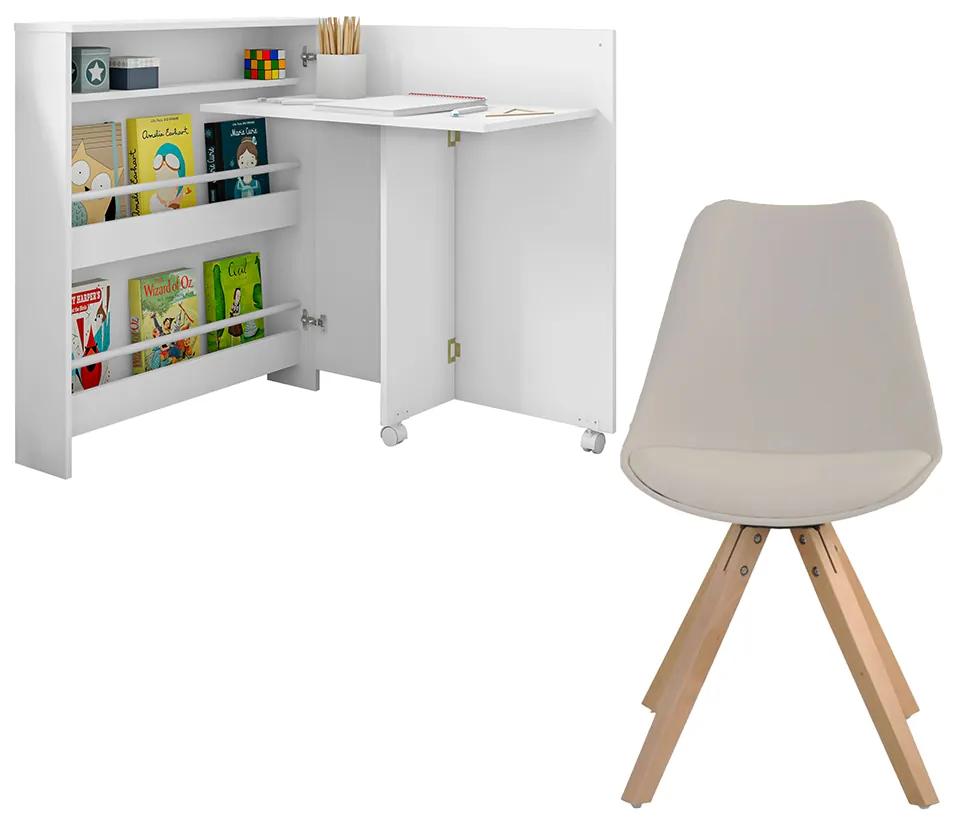 Conjunto Escrivaninha Ariana Dobrável Multifuncional e 1 Cadeira Neo Branca/Nude G46 G56 - Gran Belo