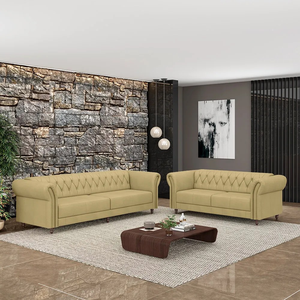 Conjunto de Sofá Sala de Estar Stanford Chesterfield 2 e 3 Lugares 200cm/260cm Pés Madeira Couro Bege G58 - Gran Belo