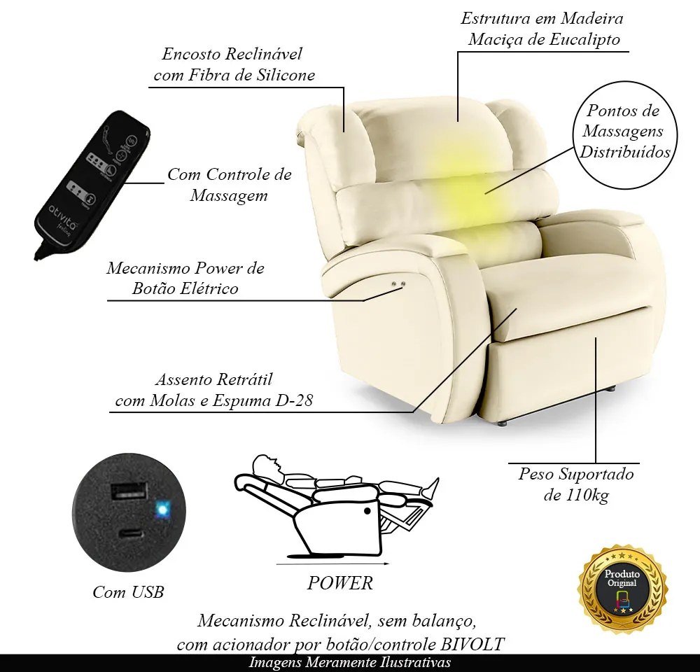 Poltrona do Papai Reclinável Napoli Power Touch Massagem PU Bege FH1 - D'Rossi