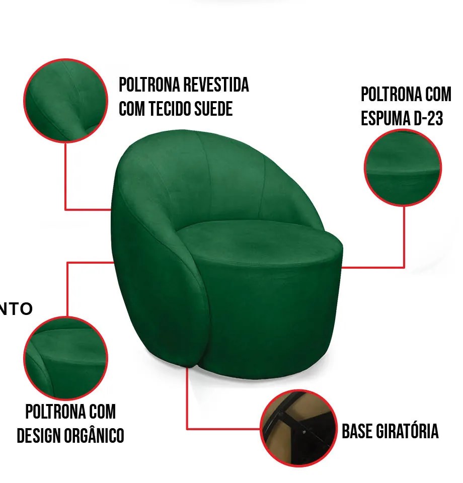 Poltrona Decorativa Orgânica Giratória Kit 2 Lua Suede D03 - D'Rossi - Verde