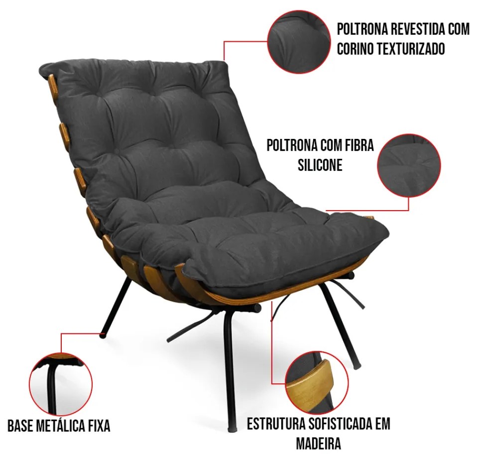 Poltrona Costela Base Fixa Preta Kit 2 Corino Text S01 Preto - D'Rossi