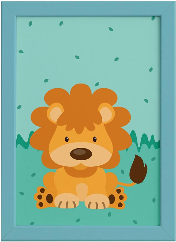 Quadro Infantil Safari Leão para Quarto Moldura Azul 22x32