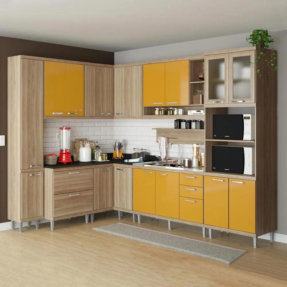 Cozinha Compacta 16 Portas 5 Gavetas Sicília 5802 Amarelo/Argila - Multimóveis