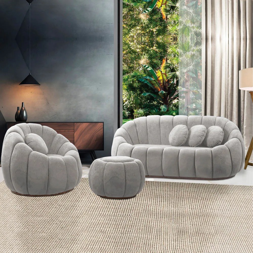 Sofá 2 Lugares com Puff e Poltrona Giratória Orgânica Cloud Bouclê Cinza Claro E03 - D'Rossi