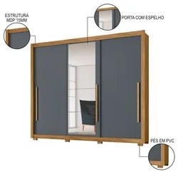 Guarda Roupa Casal 3 Portas de Correr e Espelho 270cm Monet M07 Freijó