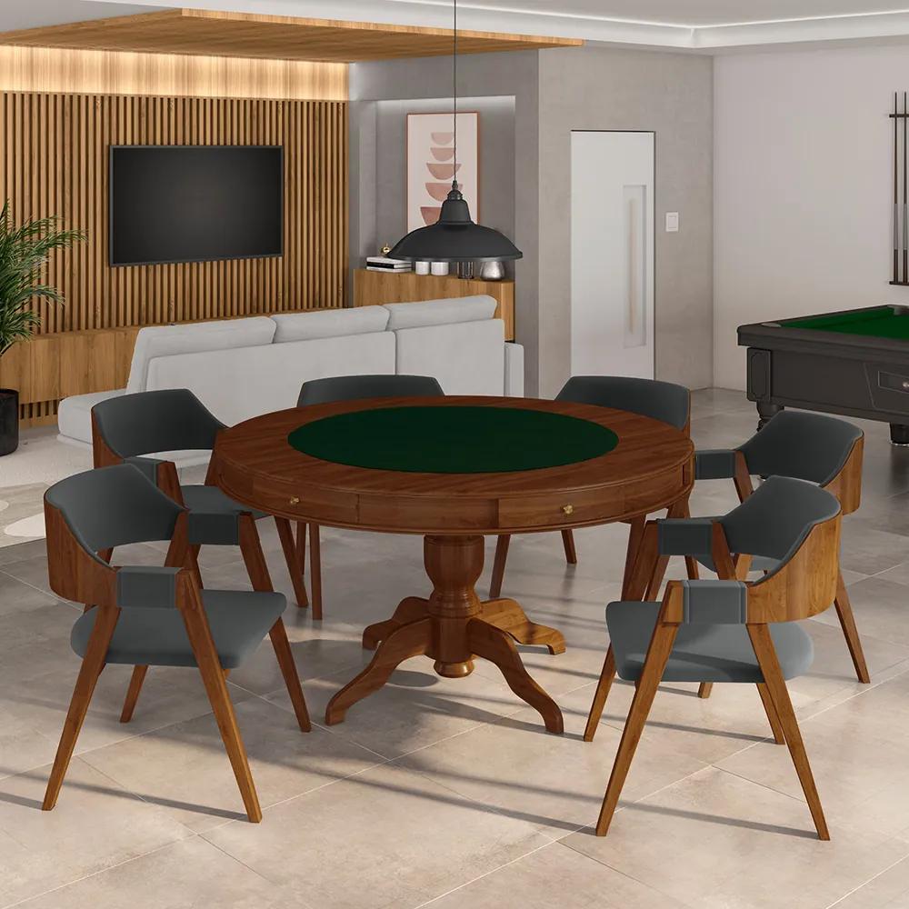 Conjunto Mesa de Jogos Carteado Bellagio Tampo Reversível e 6 Cadeiras Madeira Poker Base Estrela Veludo Cinza/Imbuia G42 - Gran Belo