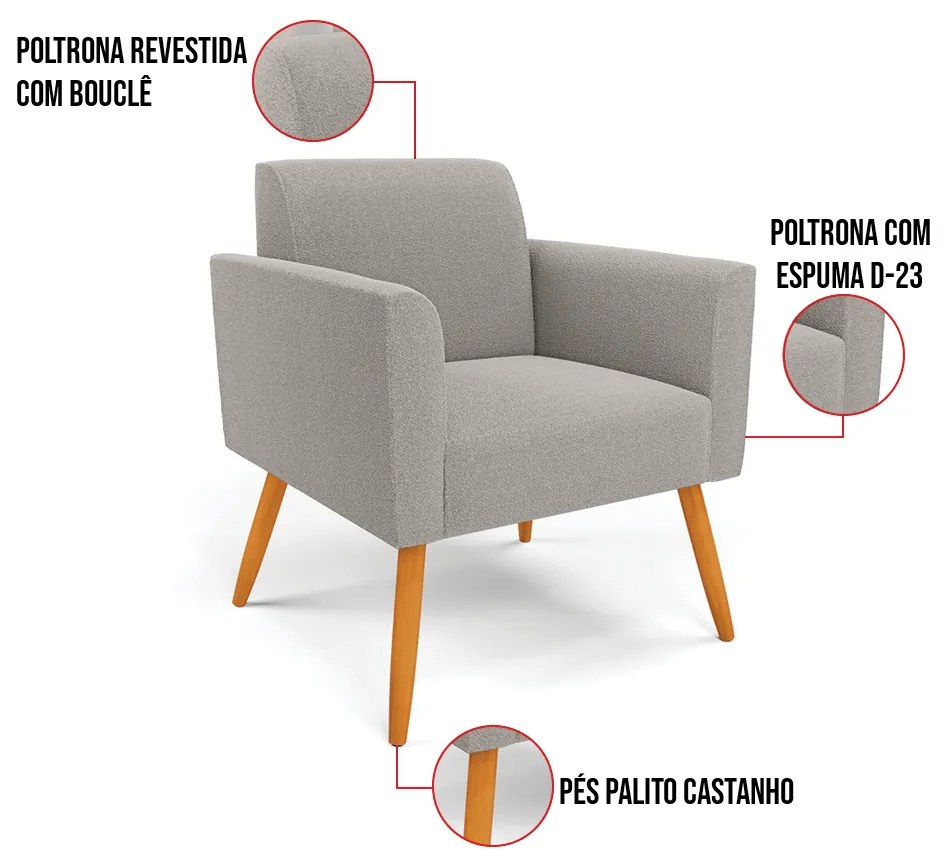 Poltrona Sala Estar Pé Palito Castanho Kit 2 Marisa Bouclê D03 - D'Rossi - Cinza