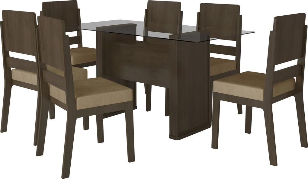 Mesa De Jantar Europa Com 6 Cadeiras Esmeralda Noce Com Pena Caramelo – RV Móveis