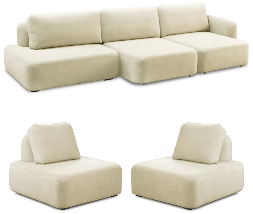 Conjunto Sala de Estar 1 Sofá Retrátil Modulado 282cm e 2 Poltronas Santiago Bouclê Off White G89 - Gran Belo