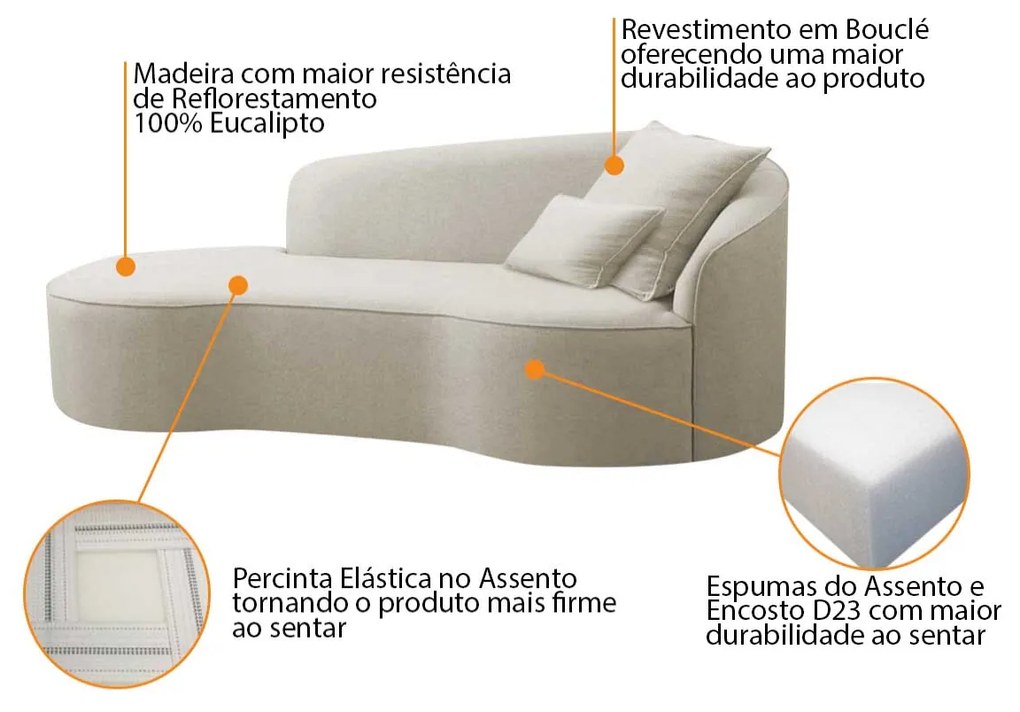 Divã Recamier Curvo Sala de Estar Recepção Inglaterra 150cm Lado Esquerdo Bouclé