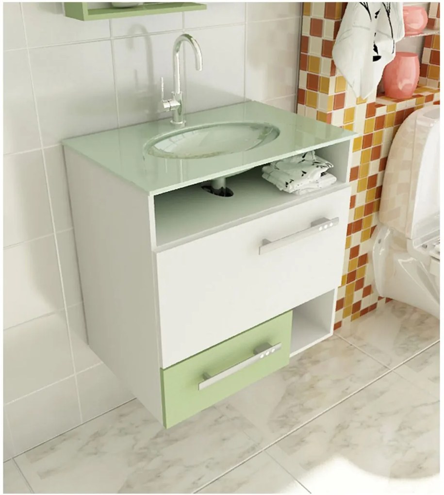 Gabinete para Banheiro 60 cm com 2 Peças Linea 17 Branco e Verde Tomdo