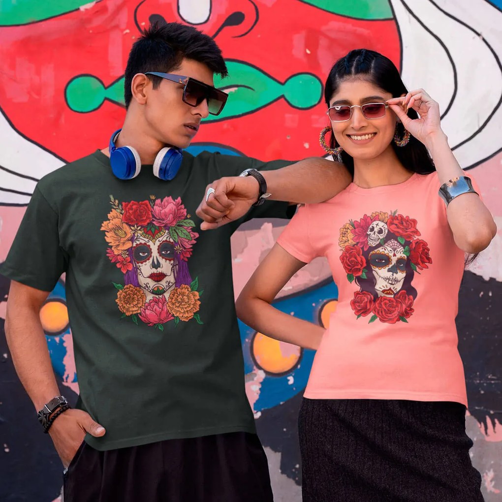 Camiseta Unissex Caveira Mexicana Mulher Dia de Los Muertos 2 - Preto - GG