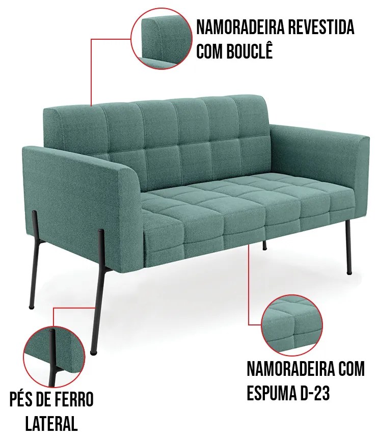 Namoradeira e 2 Poltronas Pé de Ferro Pto Elisa Bouclê D03 - D'Rossi - Verde Menta