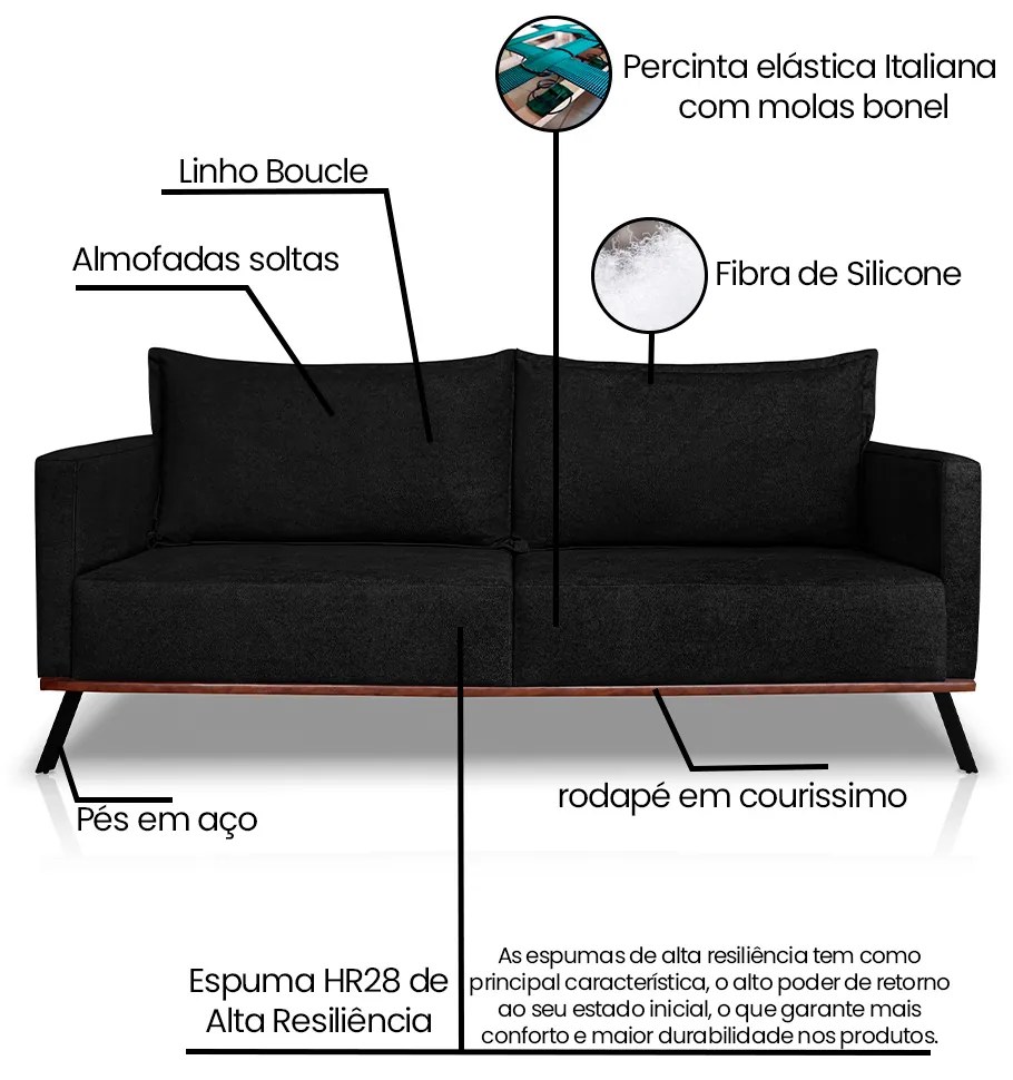 Sofá Living 2 Lugares com Pés de Ferro Almofadas Soltas 180cm Saiph Bouclê Preto G63 - Gran belo