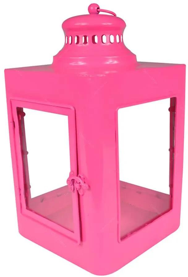 Lanterna Quadrada Marroquina Pink em Metal e Vidro - Urban - 37x20 cm