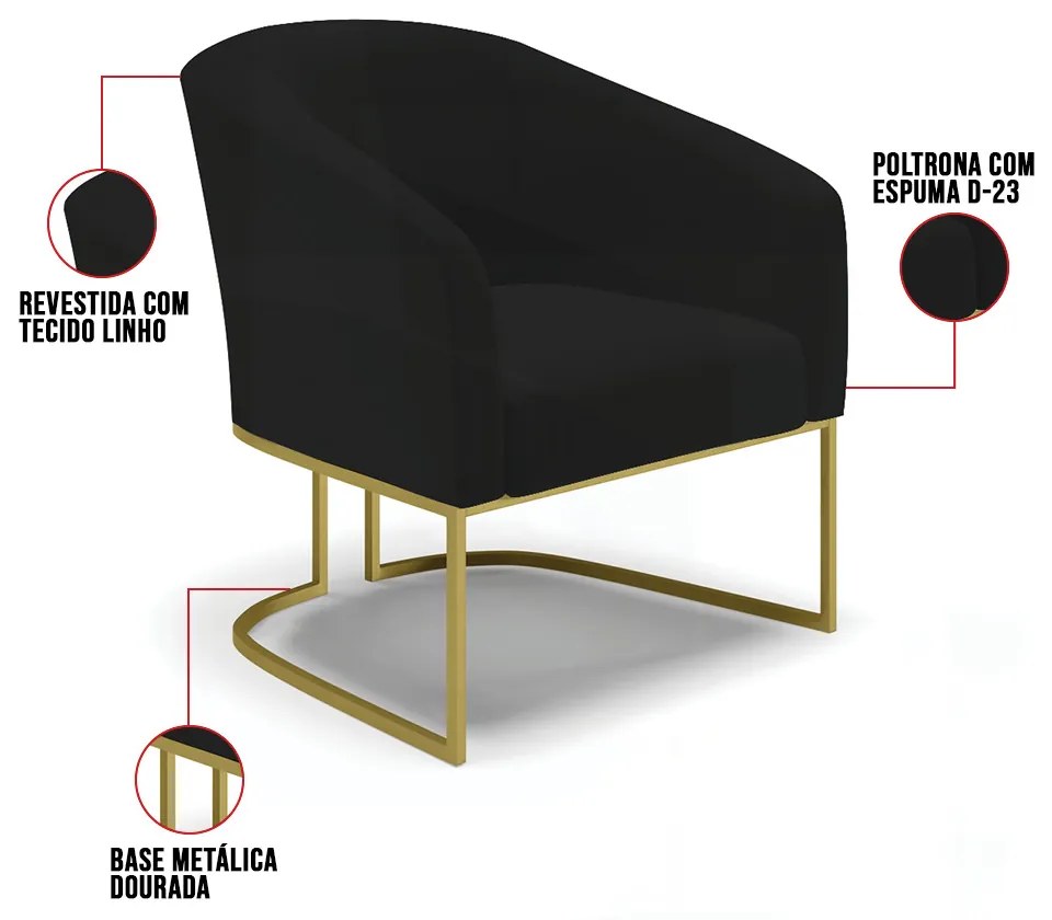 Cadeira Sala de Jantar Base Industrial Dourado Stella Linho D03 - D'Rossi - Preto