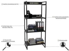 Conjunto Escritório Estilo Industrial Mesa 135cm e Estante 60cm 4 Prat