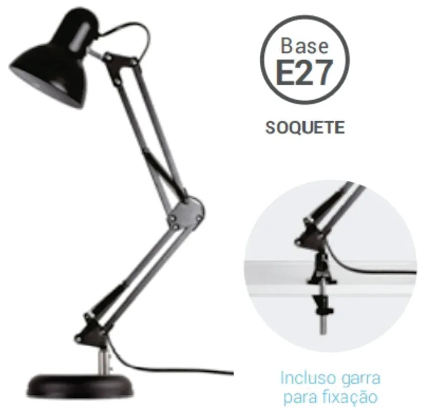 Luminaria Classic Ø15X50X13Cm 1 X E27 Aluminio Preto | Opus Hm 37042 (Preto)