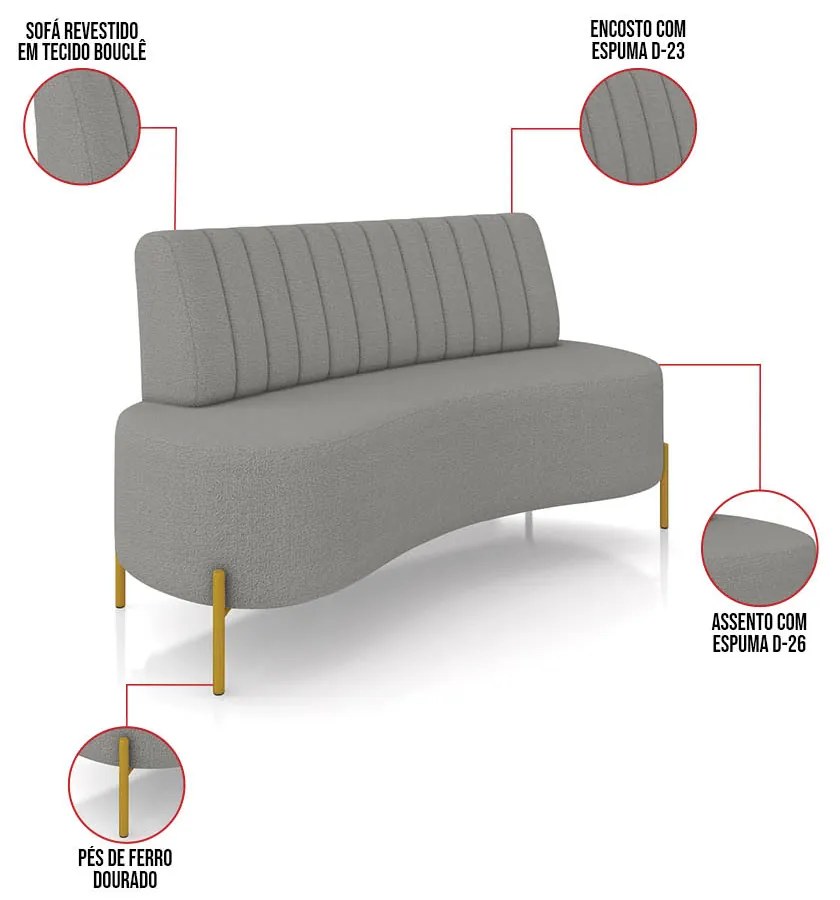 Sofá 2 Lugares Living 135cm Pé Ferro Dourado Maraú Bouclê Cinza K01 - D'Rossi