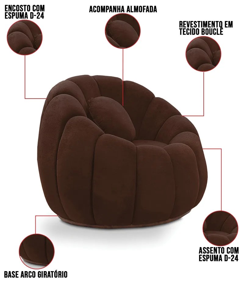 Poltrona Decorativa Orgânica Giratória com Puff Cloud Bouclê E03 - D'Rossi - Marrom