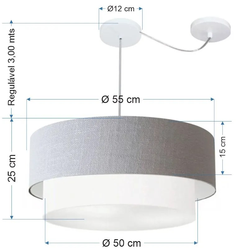 Lustre Pendente Duplo Cilíndrico Com Desvio de Centro Vivare Md-4362 Cúpula em Tecido 55x50cm - Bivolt