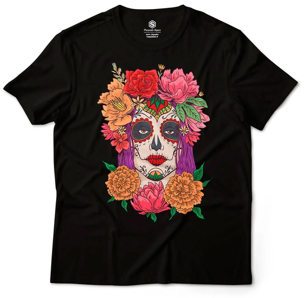 Camiseta Unissex Caveira Mexicana Mulher Dia de Los Muertos 2 - Preto - M