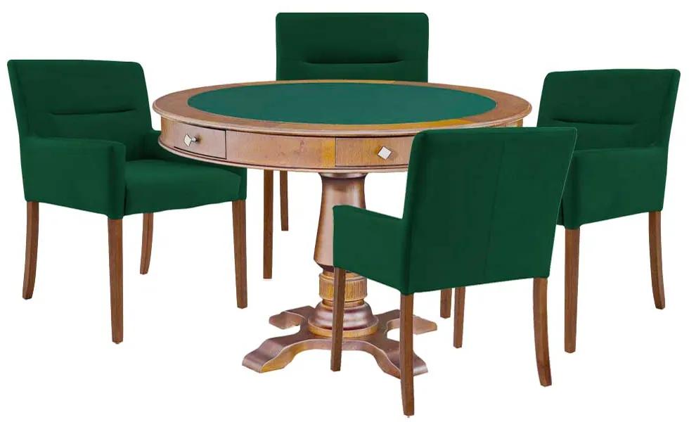 Mesa de Jogos Carteado Victoria Redonda Tampo Reversível Amêndoa com Kit 4 Cadeiras Vicenza Suede Verde G36 G15 - Gran Belo