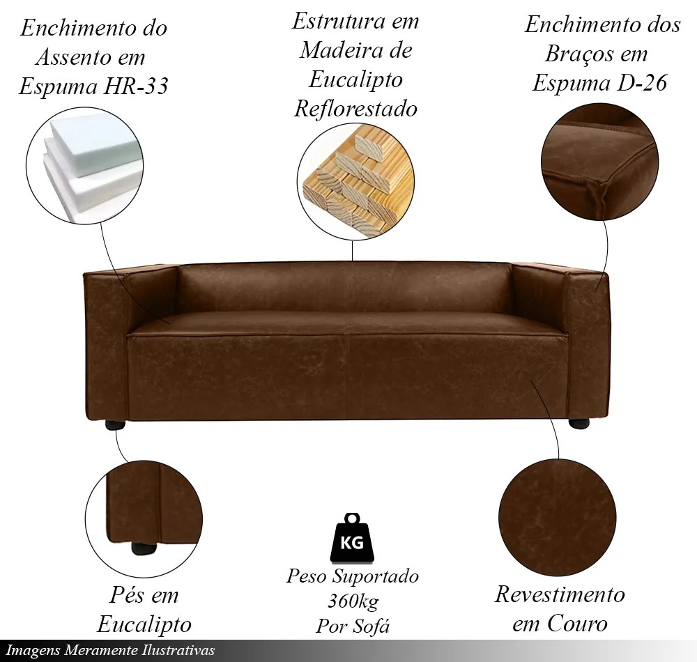 Sofá Decorativo Ryan 3 Lugares Sala de estar 220cm Couro Marrom Chocolate Manchado G40 - Gran Belo