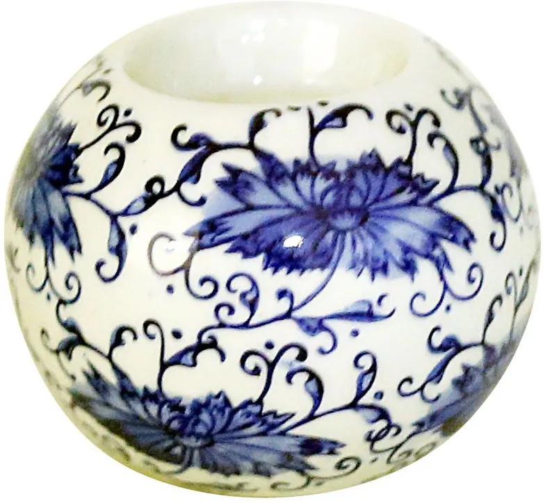 Castiçal Decorativo em Porcelana Redondo Azul e Branco